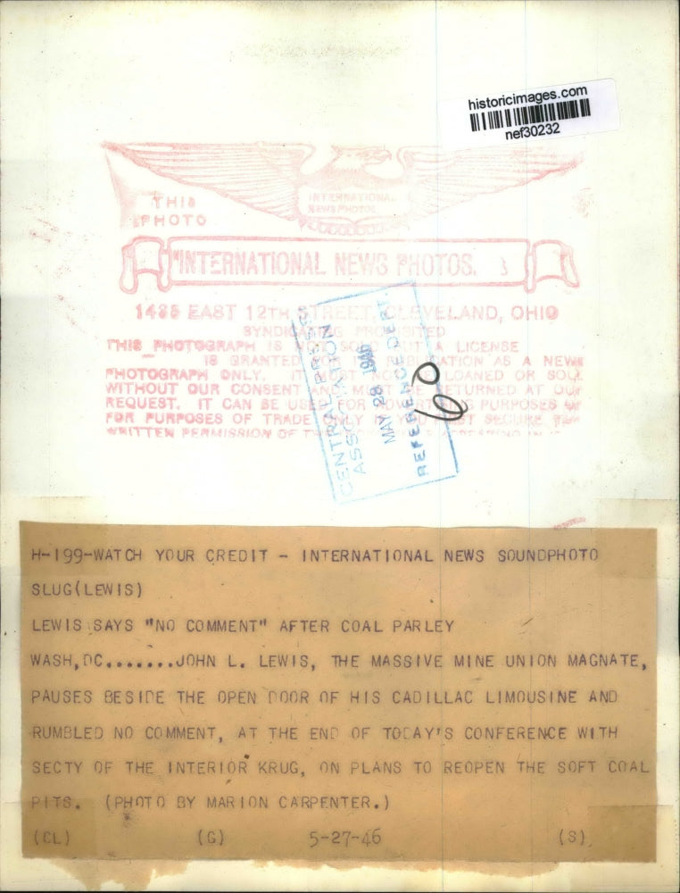 1946 Press Photo John L. Lewis Beside Limousine, Washington, D.C. - nef30232