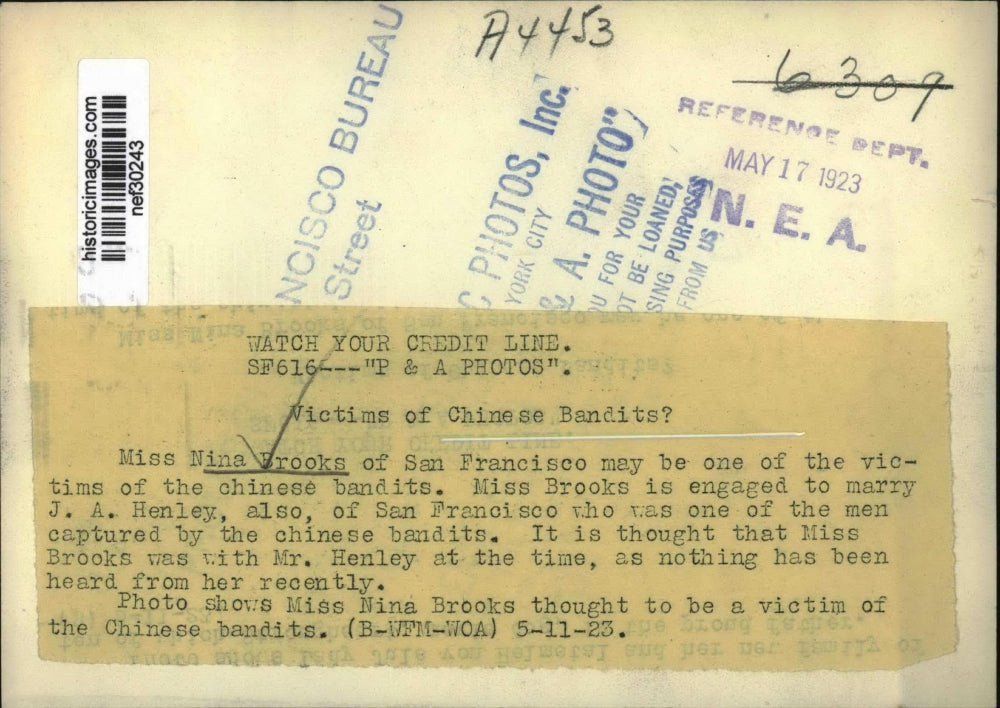 1923 Press Photo Nina Brooks, Possible San Francisco Chinese Bandit Victim