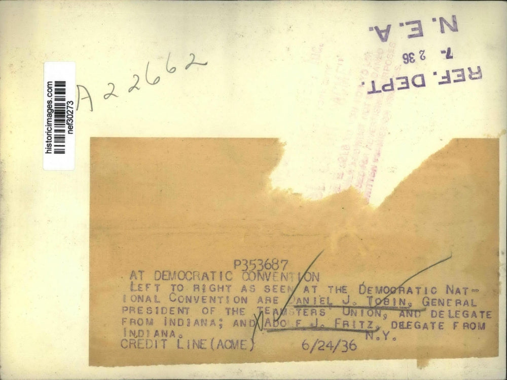 1936 Press Photo Daniel J. Tobin, Adolf J. Fritz, Democratic National Convention