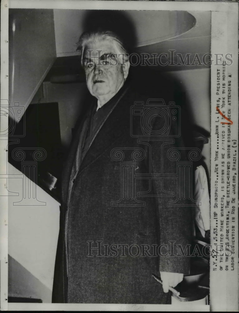 1953 Press Photo John L. Lewis Arriving in New york on SS Argentina - nef30298