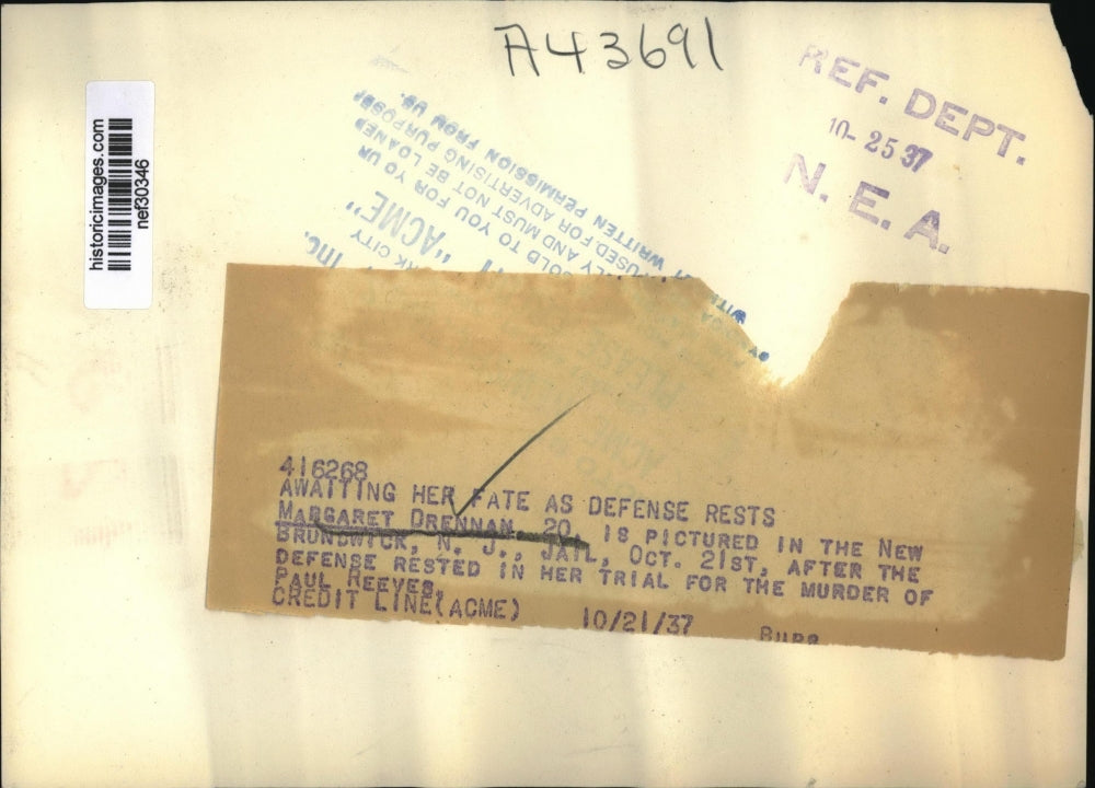 1937 Press Photo Margaret Drennan in New Brunswick Jail for Paul Reeves's Murder