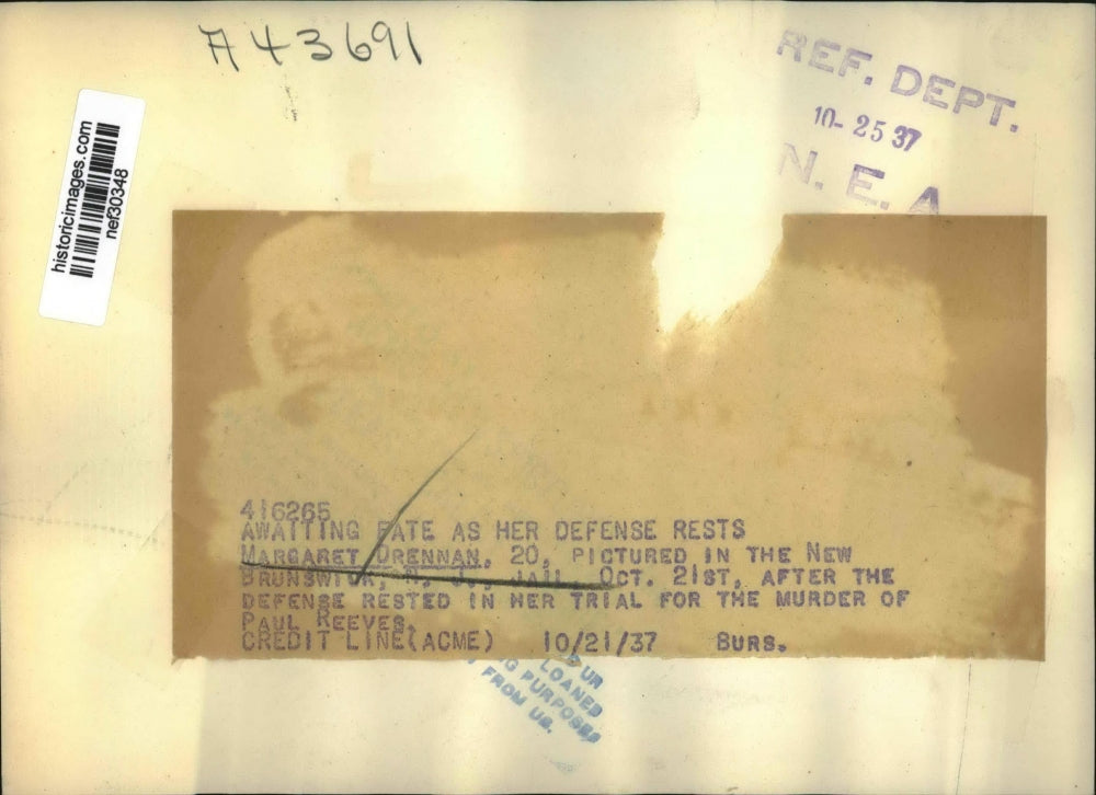 1937 Press Photo Margaret Drennan in New Brunswick Jail for Paul Reeves's Murder