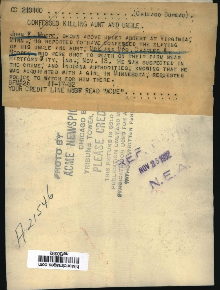 1932 Press Photo John F. Moore Under Arrest in Virginia, Minnesota - nef30393