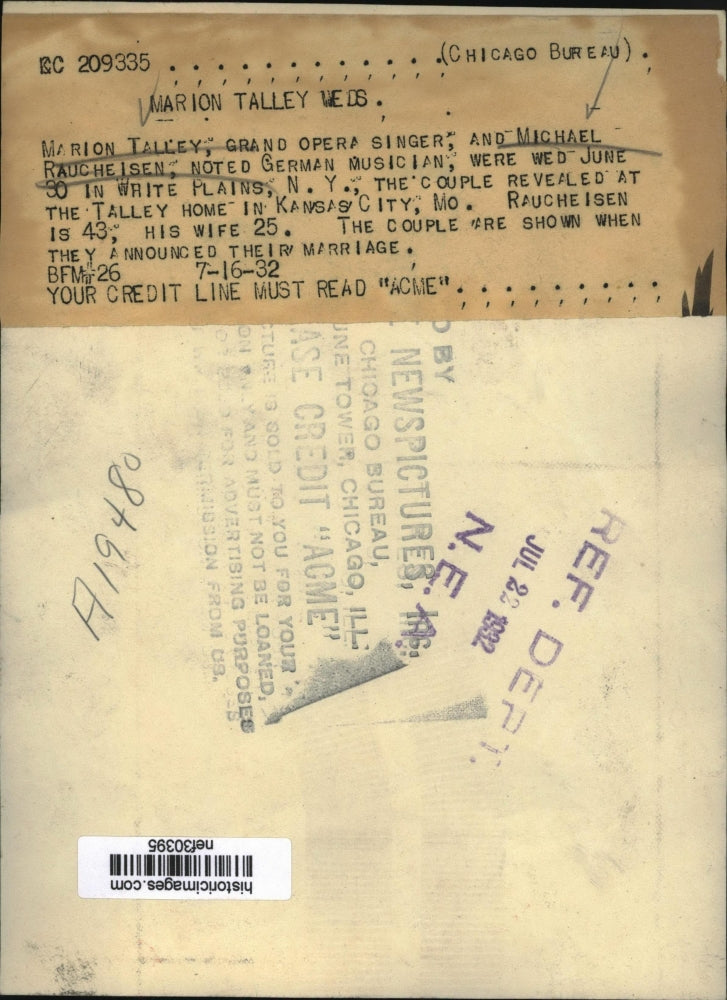 1932 Press Photo Marion Tally, Michael Raucheisen After Marriage Announcement