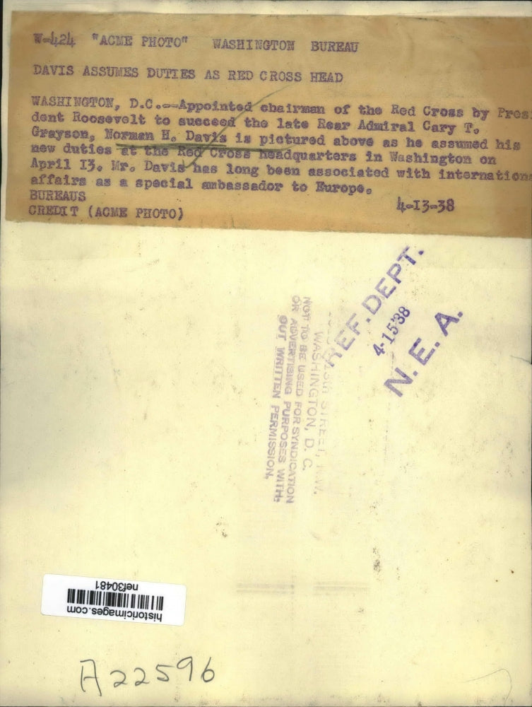 1938 Press Photo Norman H. Davis assumes duties at Red Cross Headquarters