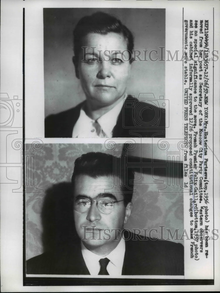 Load image into Gallery viewer, 1957 Press Photo Furtseva removed from post. Gaillard secures French government

