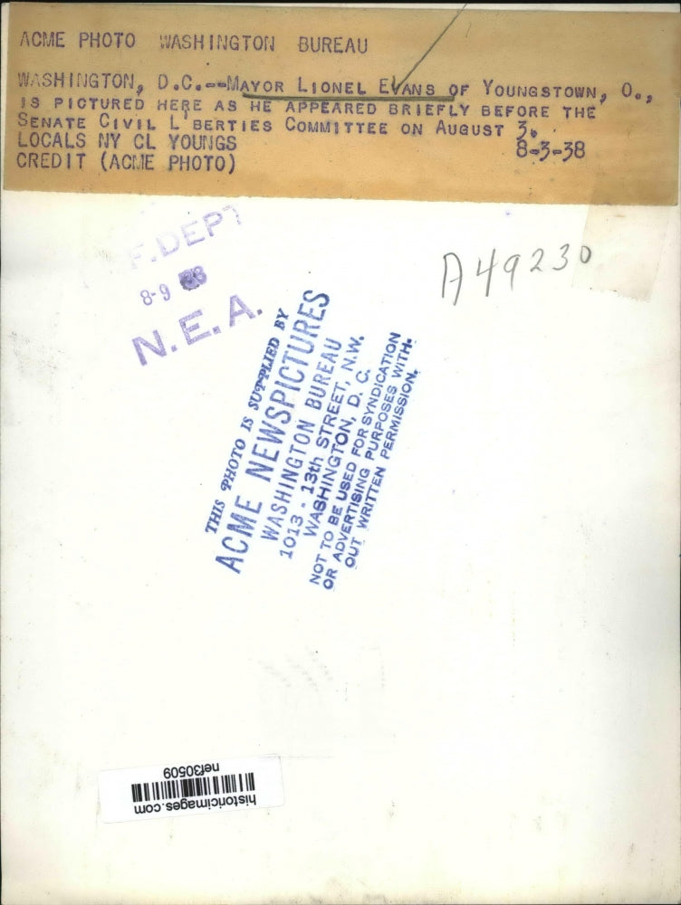 1938 Press Photo Mayor Lionel Evans of Youngstown at Senate Liberties Committee