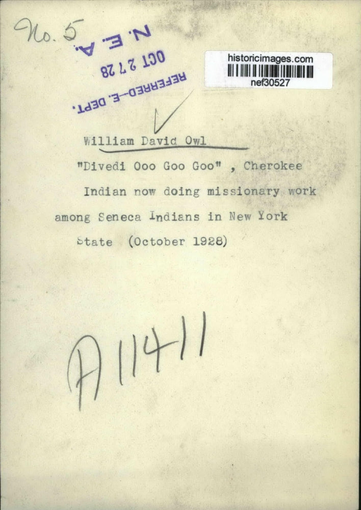 1928 Press Photo William David Owl Cherokee Indiana New York Missionary