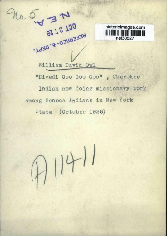1928 Press Photo William David Owl Cherokee Indiana New York Missionary