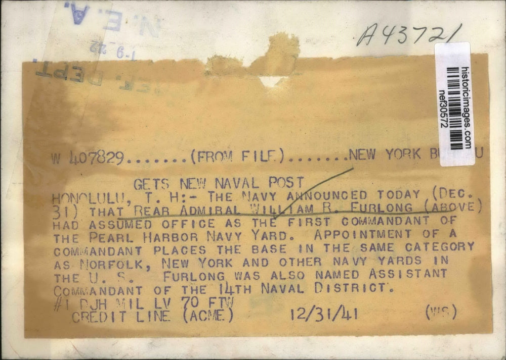 1941 Press Photo Rear/Adm.William R Furlong first commandant of Pearl Harbor