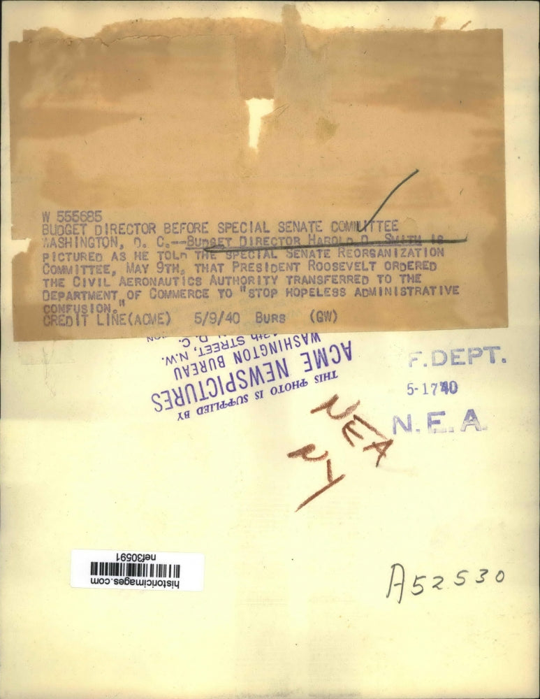 1940 Press Photo Budget Director Harold Smith at Senate Reorganization Committee