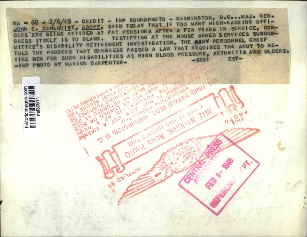 1948 Press Photo Major General John E Dahlquist Testifying House Armed Services