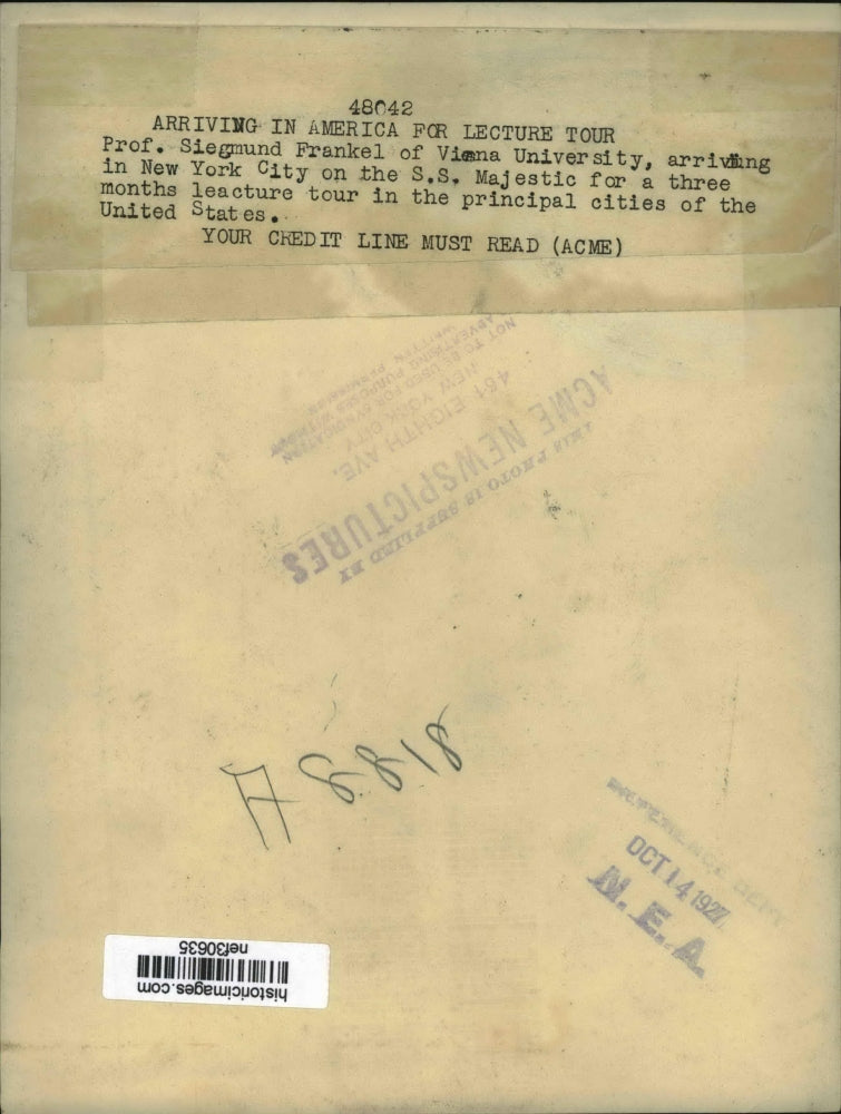 1927 Press Photo Siegmund Frankel Arriving in NY on the S.S. Majestic