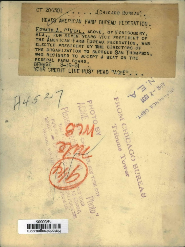 1931 Press Photo Edward A. O'Neal of AL Elected Pres of Amer. Farm Bureau