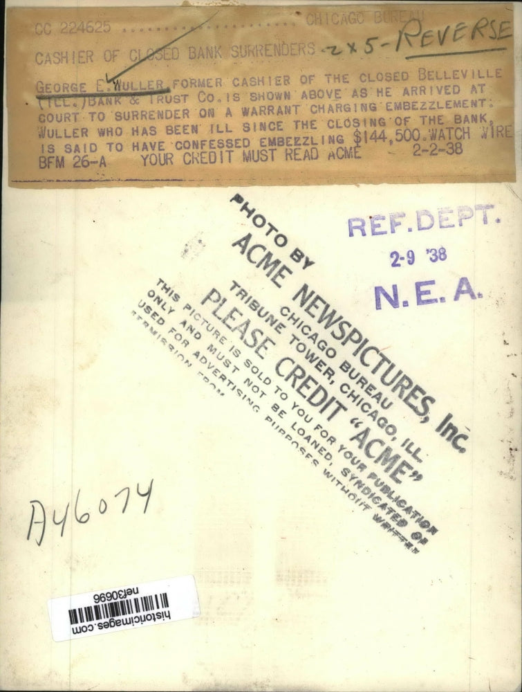 1938 Press Photo George E. Wuller Surrenders to Warrant for Embezzlement