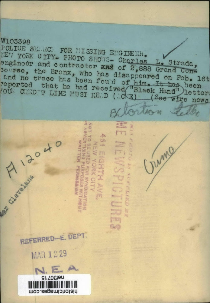 1929 Press Photo Police Search For Charles L Strada Engineer & Contractor