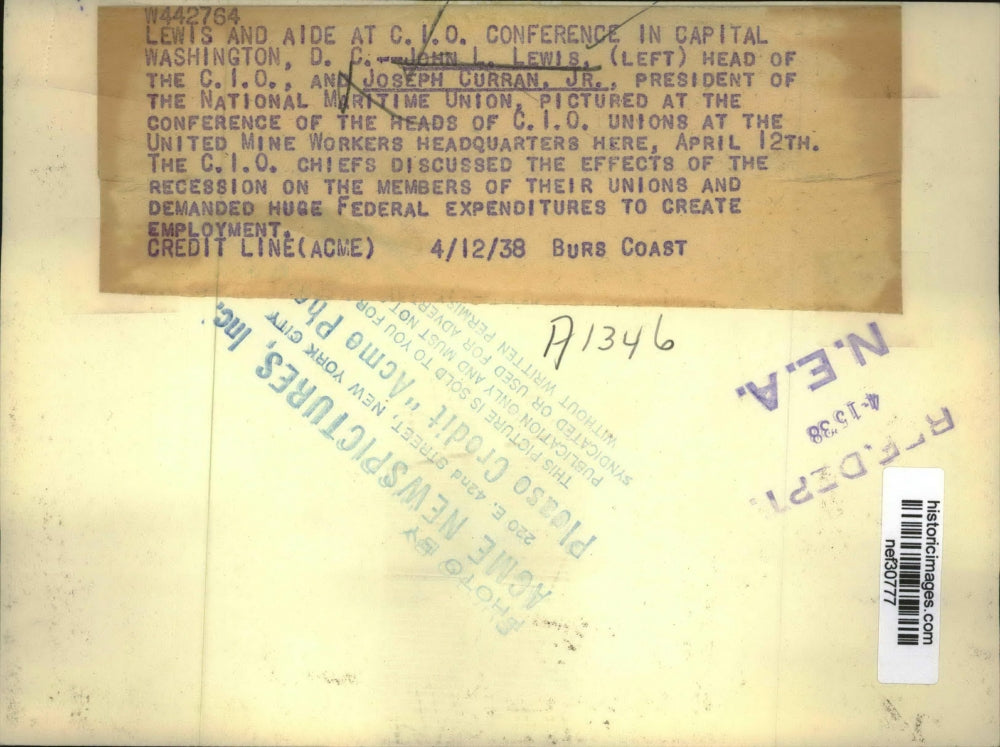 1938 Press Photo John L. Lewis, Joseph Curran, Jr. at CIO conference, Washington