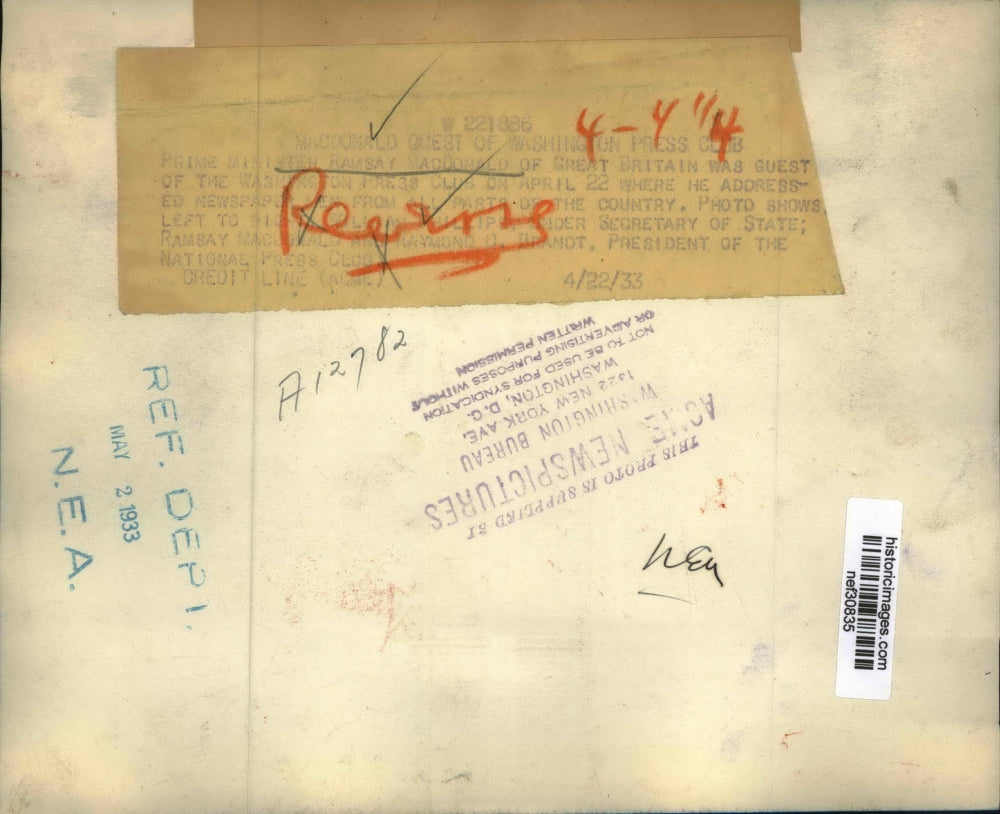 1933 Press Photo Prime Minister Ramsay MacDonald at Washington Press Club