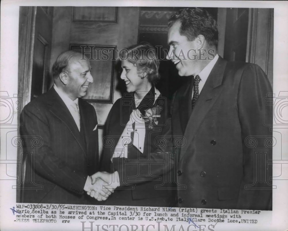 1955 Press Photo VP Nixon Meets Italian Premier Mario Scelba Arriving in Capital