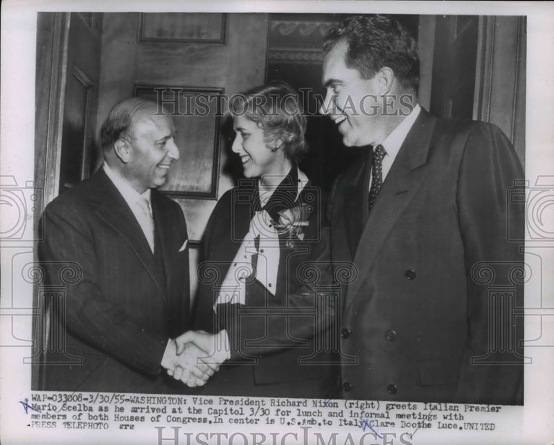 Load image into Gallery viewer, 1955 Press Photo VP Nixon Meets Italian Premier Mario Scelba Arriving in Capital
