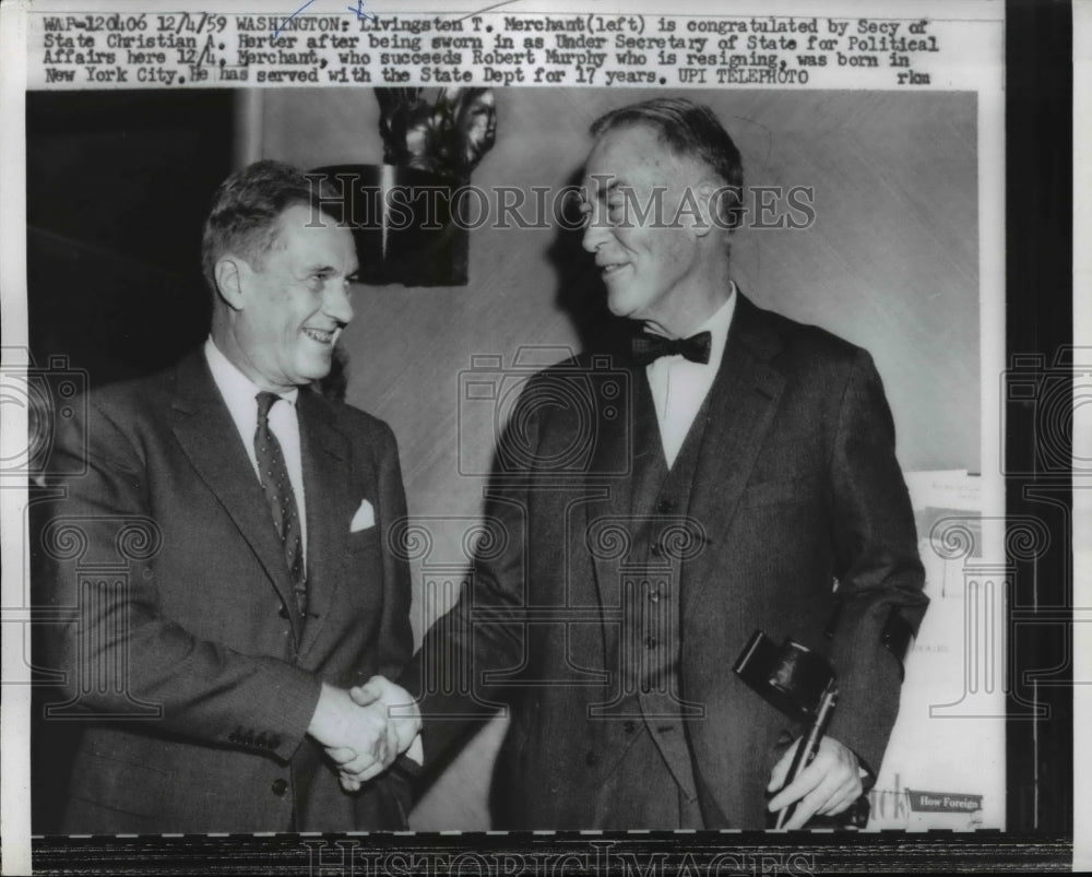 1959 Press Photo Livingston T. Merchant, Christian A. Herter After Taking Oath