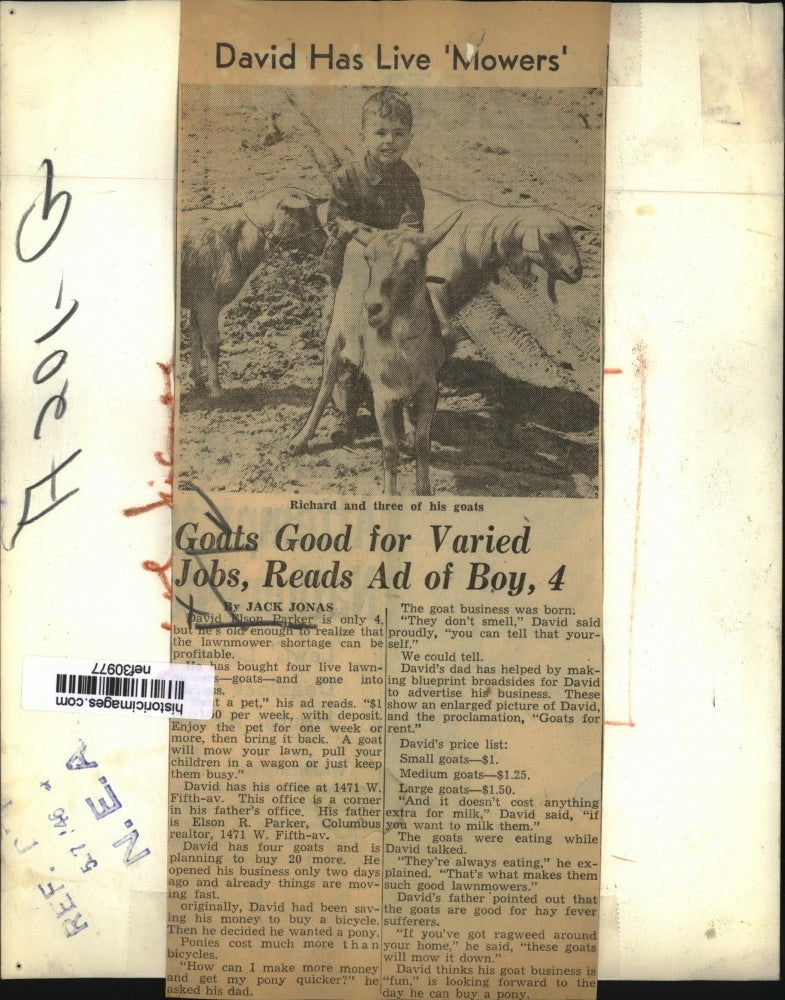1946 Press Photo Boy David Elson Parker, Rents Goats to Mow Lawns - nef30977
