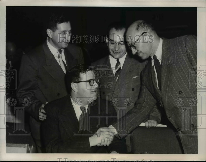 Load image into Gallery viewer, 1949 Press Photo Aubrey Eban Congratulated at United Nations After Speech
