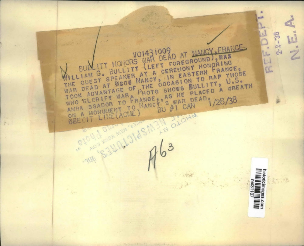 1938 Press Photo William Bullitt Speaks at Nancy, France War Memorial Ceremony