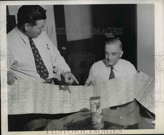 1945 Press Photo C.M. Sandstrom Shows Errett P. Scrivner Ration Coupons St Louis