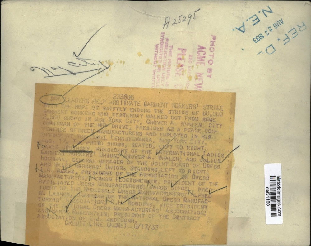 1933 Press Photo New York City Leaders Help Arbitrate Garment Workers' Strike