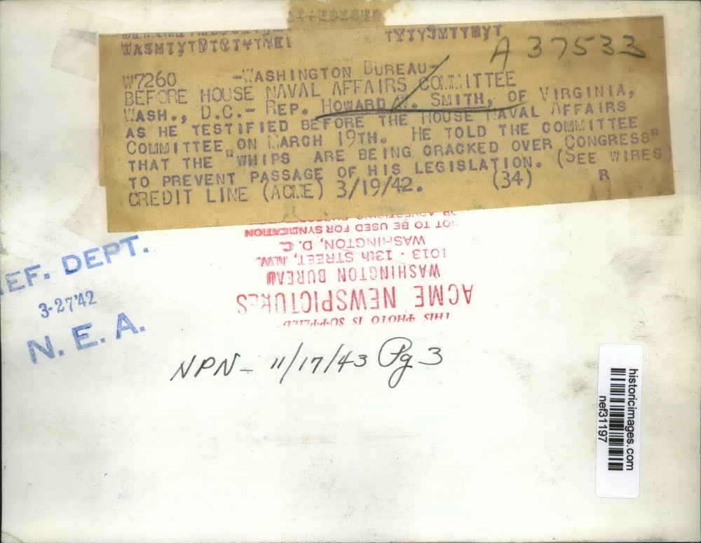 1942 Press Photo WA, D.C. Howard W. Smith Testifies Congress Blocks Legislation