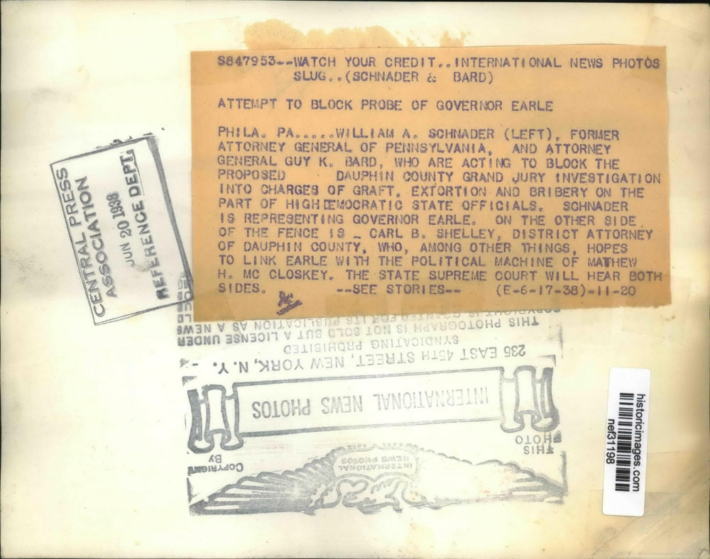 1938 Press Photo William A Schnader and Guy K. Bard Try to Block Investigation