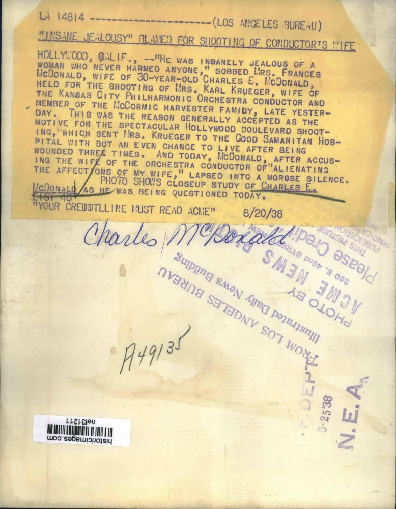 1938 Press Photo Charles E. McDonald Blames Insane Jealousy for Murder Attempt