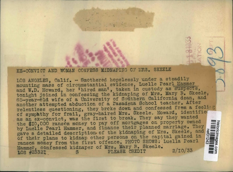 Load image into Gallery viewer, 1933 Press Photo Luelle Hammer In Custody Suspect in Ms Mary Skeele's Kidnapping
