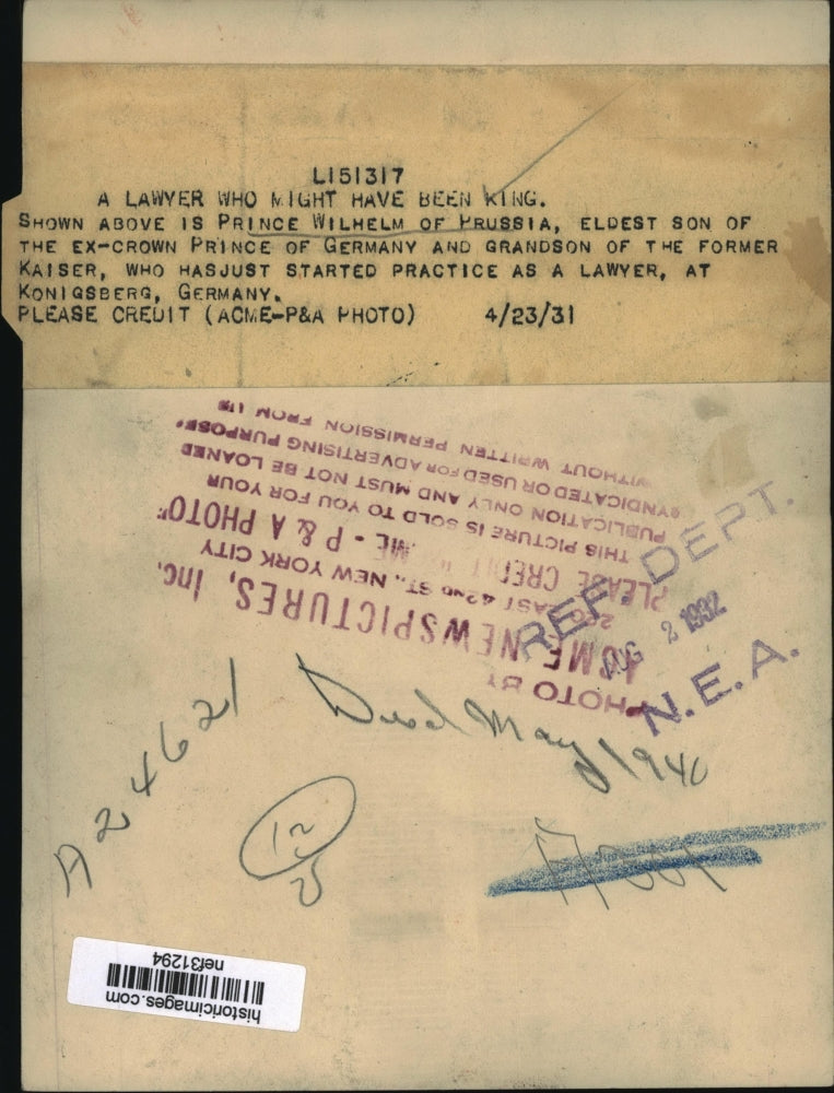 1931 Press Photo Prince Wilhelm of Prussia Begins Practice as Lawyer in Germany