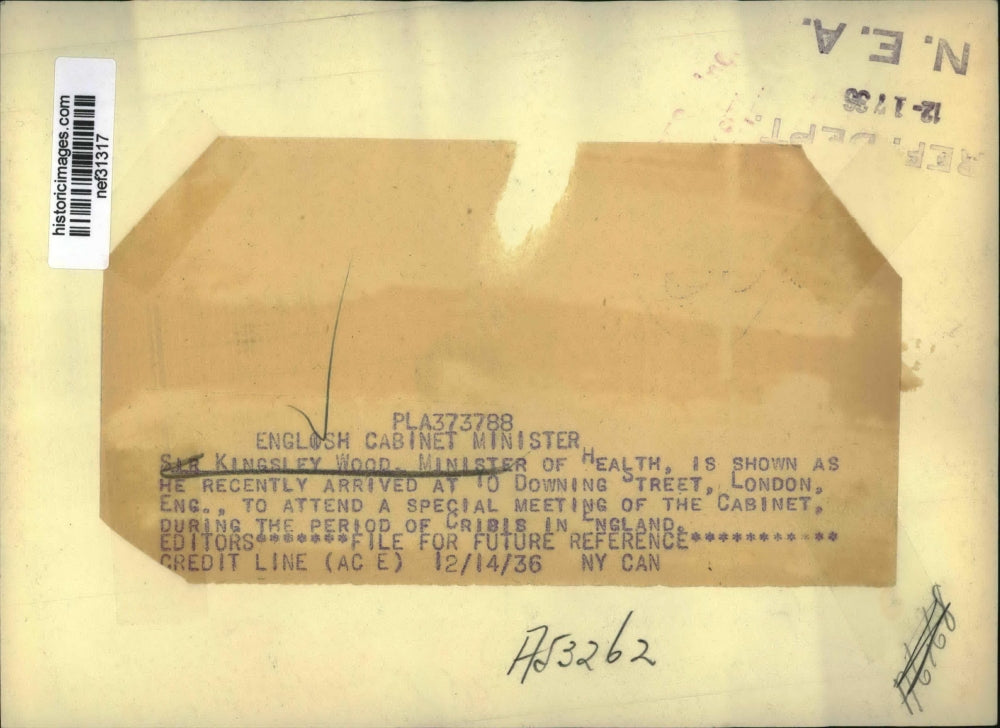 1936 Press Photo Sir Kingsley Wood, Shown as He Arrived at Downing Street, Lond.