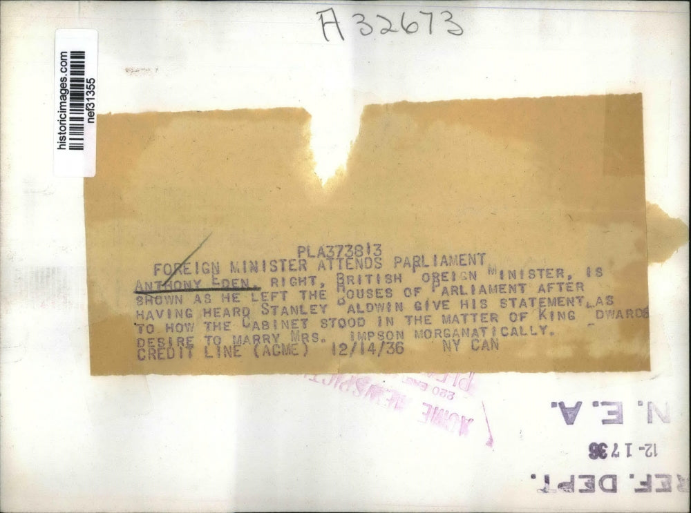 1936 Press Photo Anthony Eden Leaving Parliament House After Hearing Baldwin