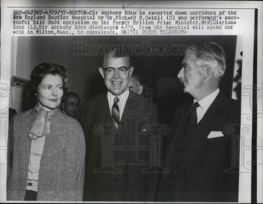 1957 Press Photo Sir Anthony Eden escorted at New England Baptist Hospital