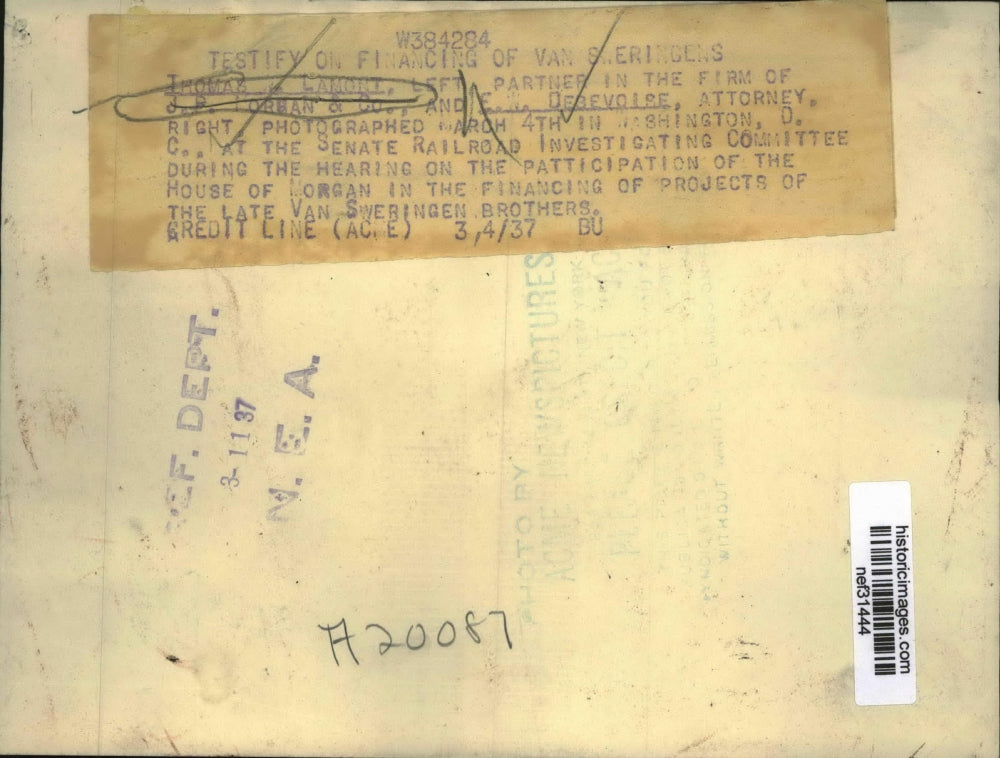 1937 Press Photo Partner at J.P. Morgan and Co. Thomas Lamont, and E.W. Debevois