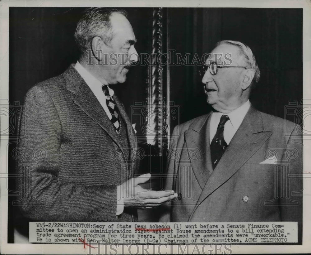 1951 Press Photo Dean Acheson with Walter George at Senate Finance Committee