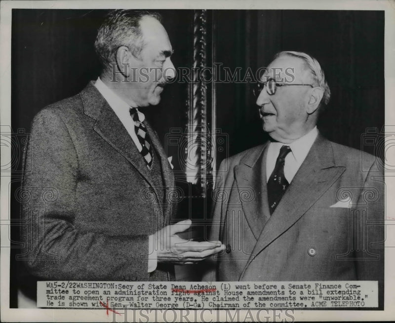 Load image into Gallery viewer, 1951 Press Photo Dean Acheson with Walter George at Senate Finance Committee
