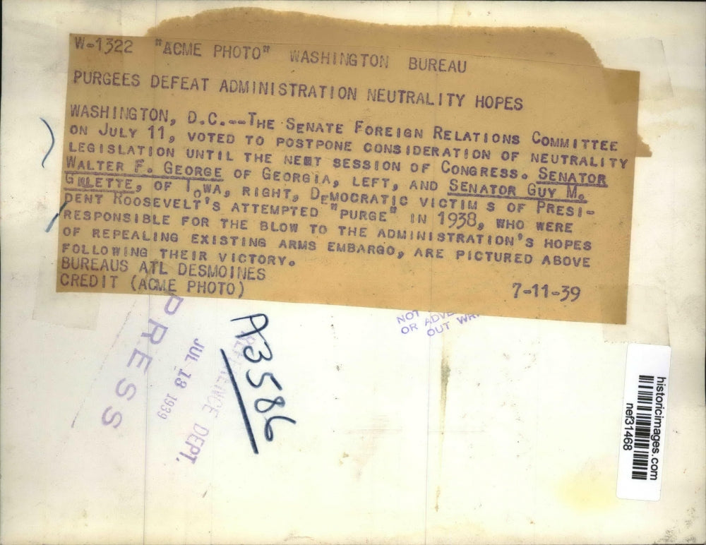 1939 Press Photo Walter George, Guy Gillette at Senate Foreign Relations Meeting