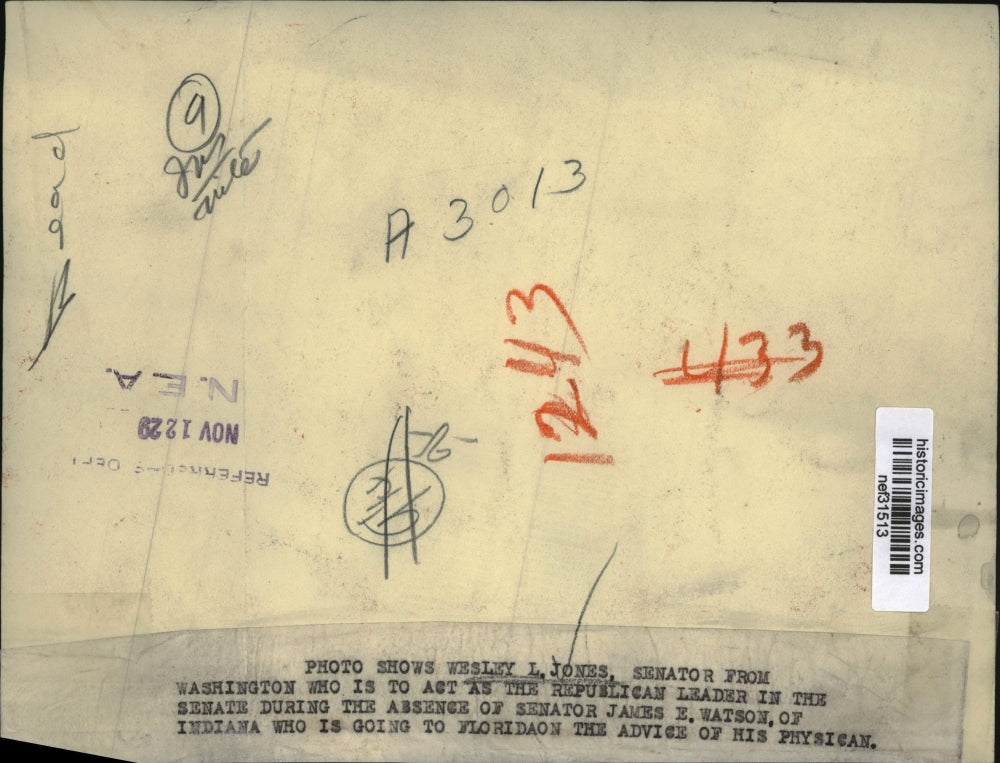 1929 Press Photo Senator Wesley Jone, Republican leader in the Senate