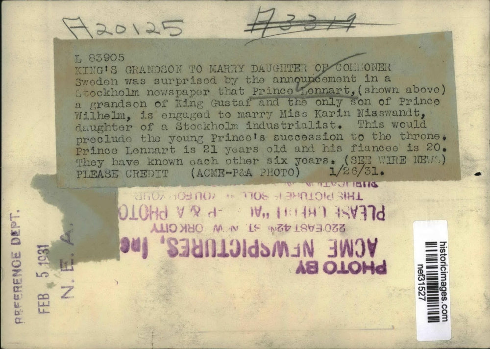 1931 Press Photo Prince Lennart of Sweden to Marry Karin Nisswandt - nef31527