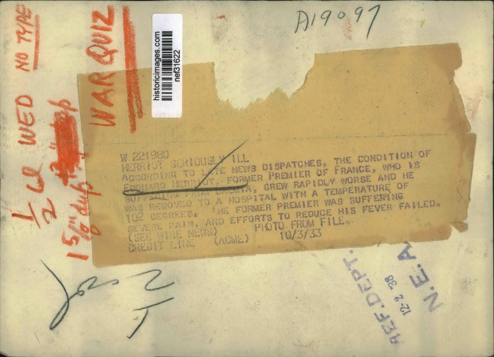 1933 Press Photo Edouard Herriot Former Premier of France Seriously Ill