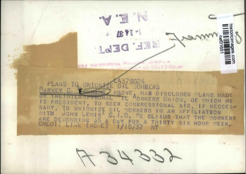 1937 Press Photo Harvey C. Freming Pres. of the International Oil Workers Union