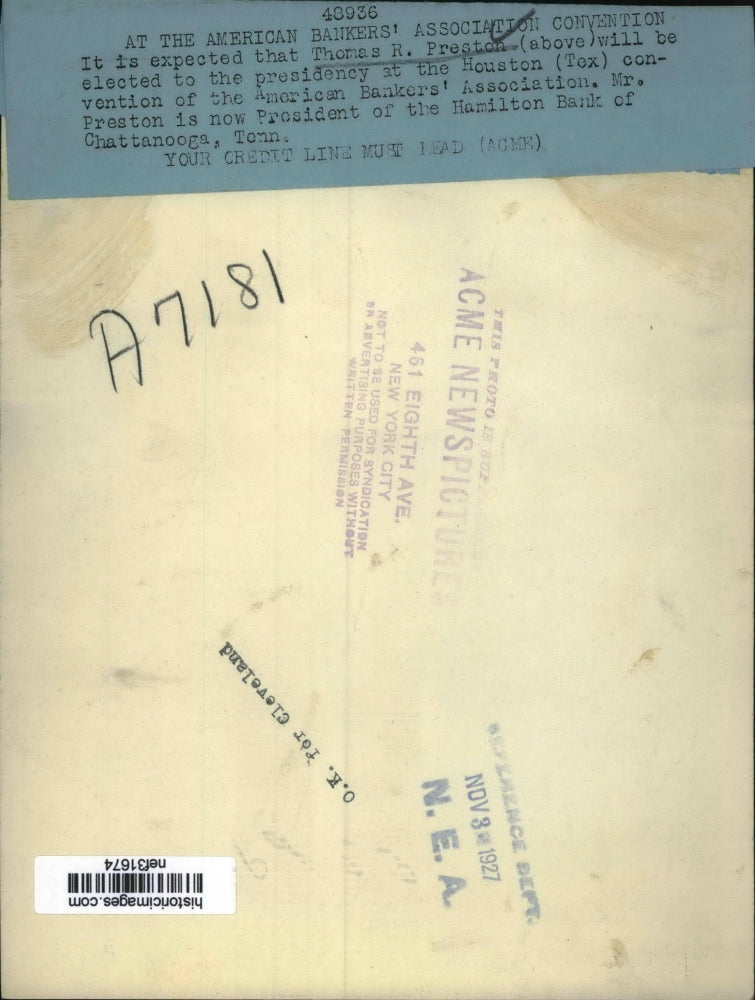 1927 Press Photo Thomas R Preston President of Houston Convention of Bankers