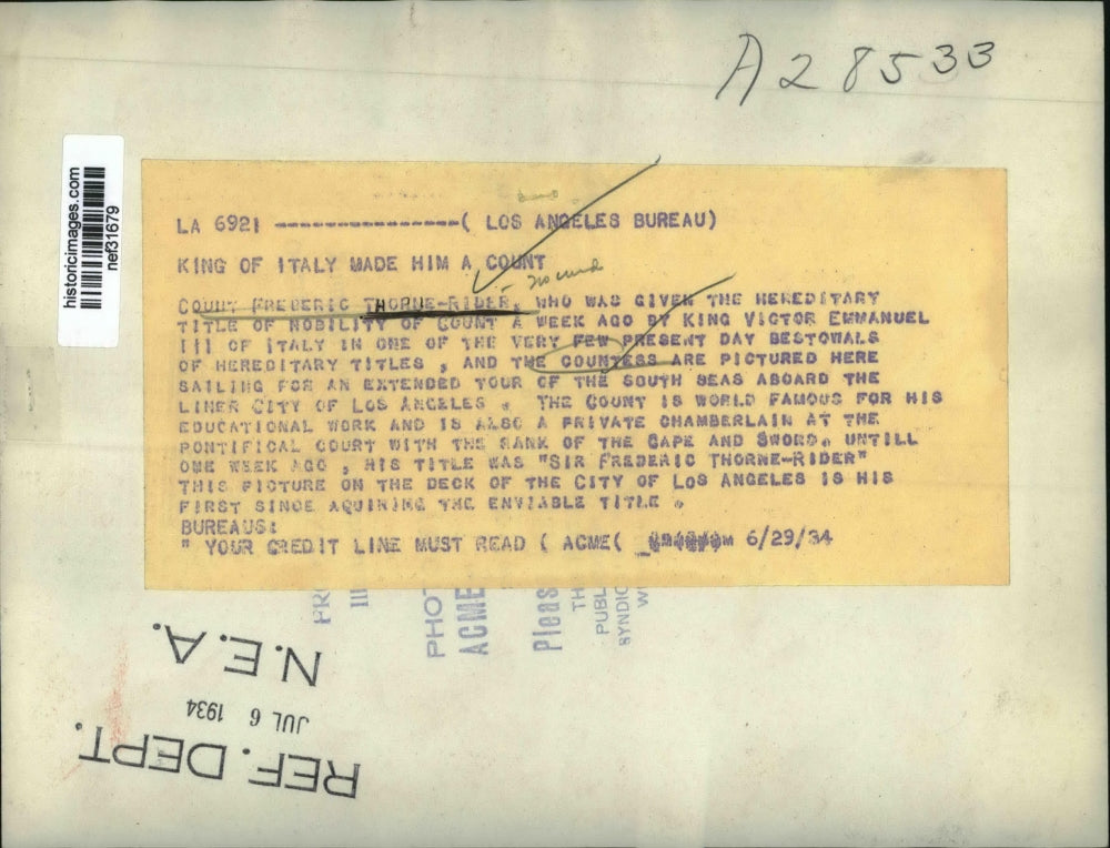 1934 Press Photo Count Frederic Thorne-Rider & The Countess Sailing South Seas