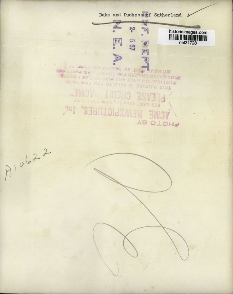 1937 Press Photo Duke and Duchess of Sutherland - nef31728