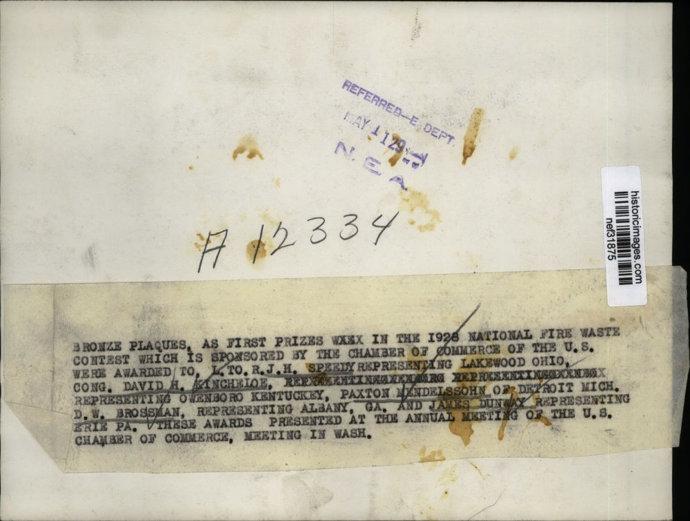 1929 Press Photo National Fire Waste Contest First Place Bronze Plaques